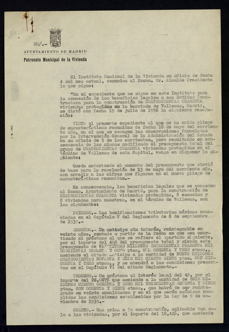 Colonia Municipal de San Francisco Javier: Proyecto reformado de la Colonia [440 viviendas, 8 viviendas de maestros y 2 grupos escolares]. Incluye: aumentos de presupuesto paresentados al Instituto Nacional de la Vivienda.