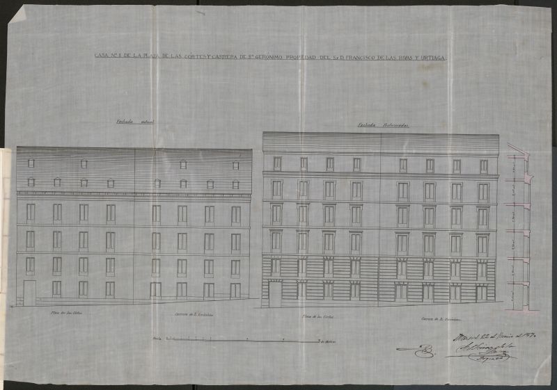 D. Francisco de la Riva y Urtiaga, en solicitud de licencia para sacar a la fachada los pisos tercero y sotabanco de la casa n 8 de la plaza de las Cortes con vuelta a la Carrera de S. Jernimo.