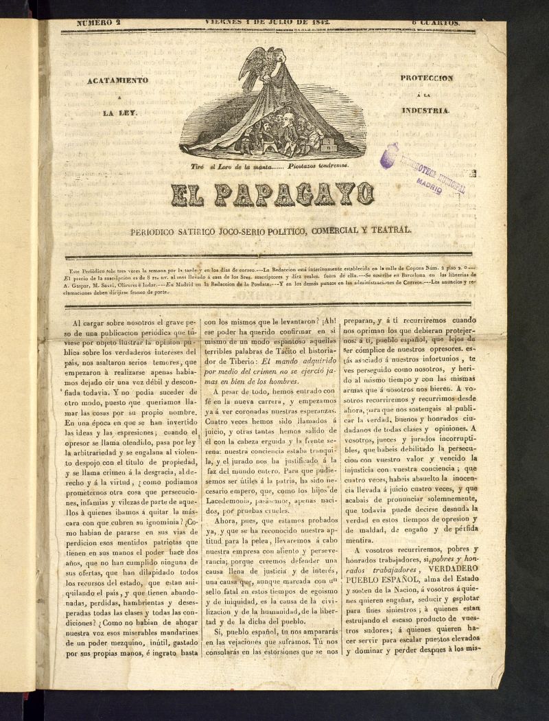 El Papagayo : periódico satírico, joco-serio, político, comercial y teatral del 1 de julio de 1842