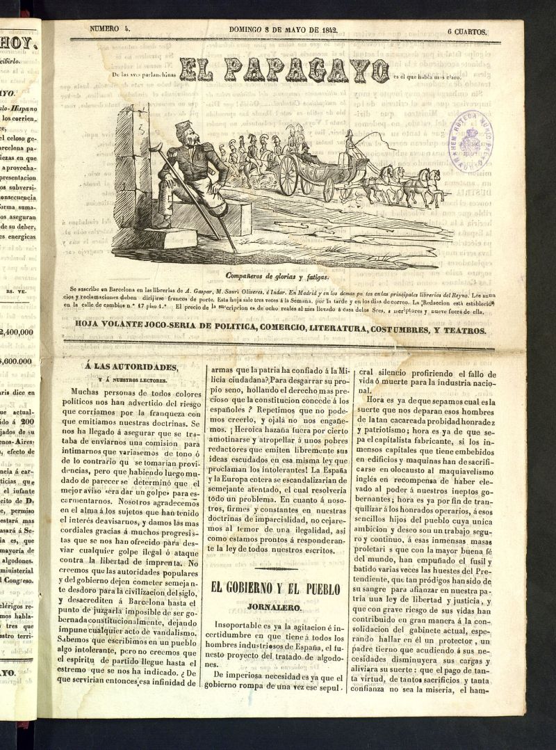 El Papagayo : periódico satírico, joco-serio, político, comercial y teatral del 8 de mayo de 1842