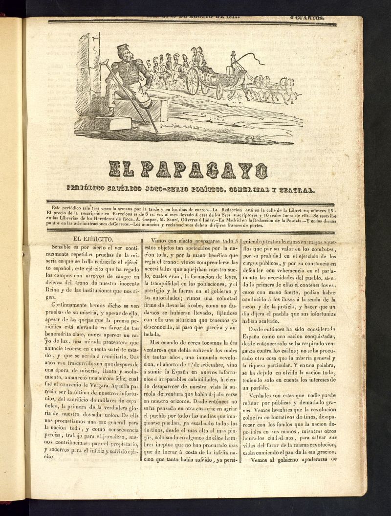 El Papagayo : periódico satírico, joco-serio, político, comercial y teatral del 19 de agosto de 1842