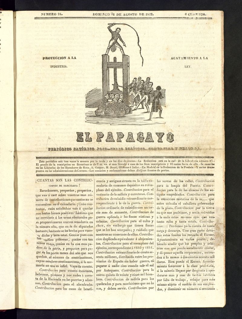 El Papagayo : periódico satírico, joco-serio, político, comercial y teatral del 21 de agostode 1842