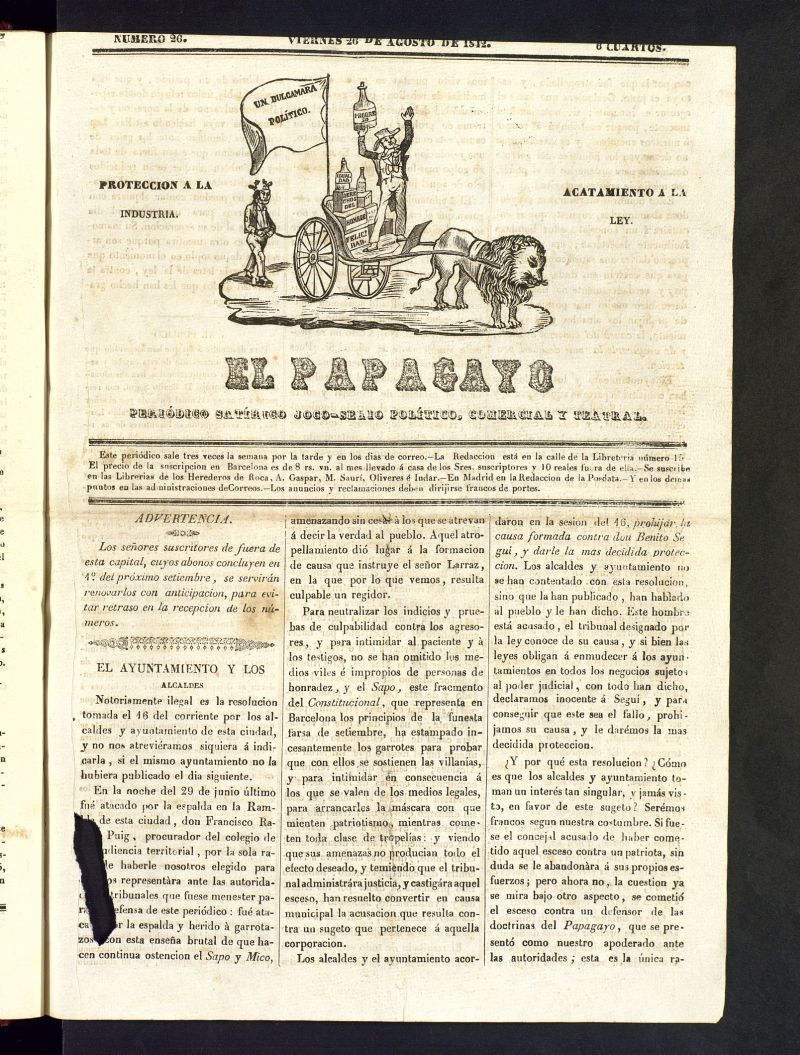 El Papagayo : periódico satírico, joco-serio, político, comercial y teatral del 26 de agosto de 1842