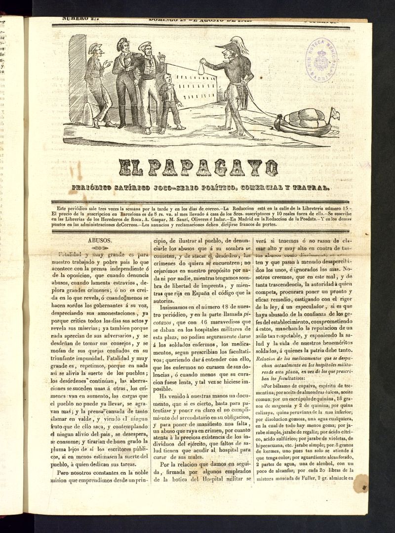 El Papagayo : periódico satírico, joco-serio, político, comercial y teatral del 28 de agosto de 1842