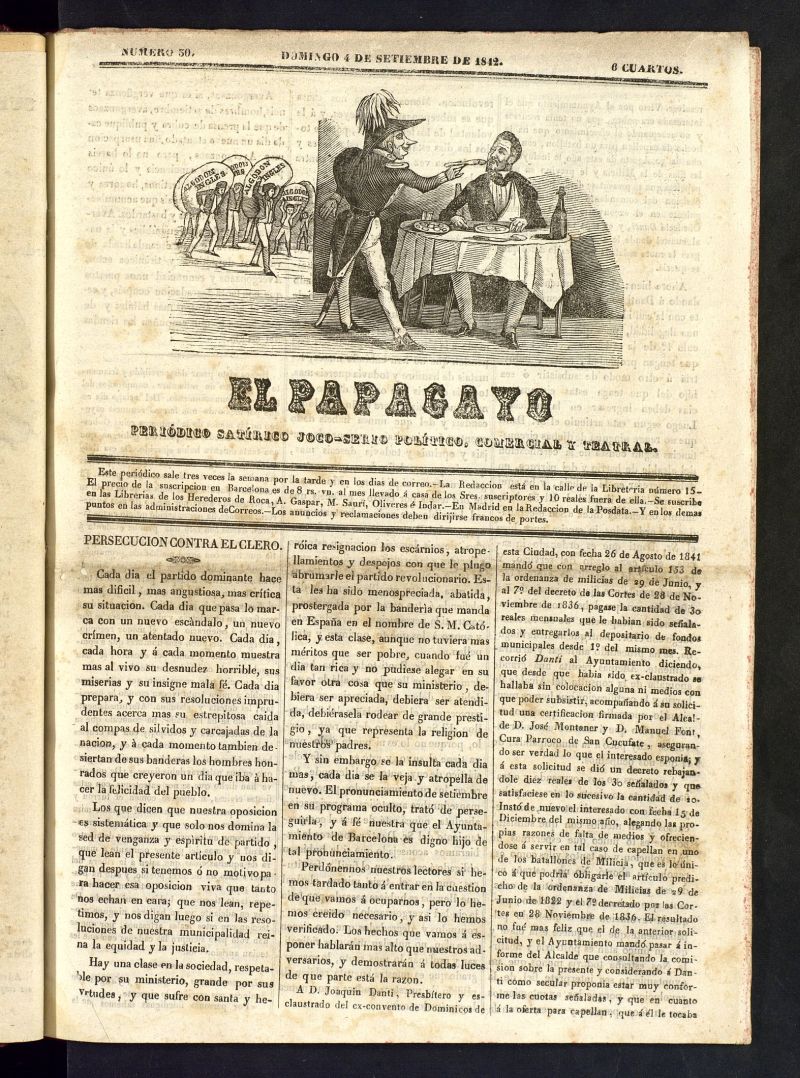 El Papagayo : periódico satírico, joco-serio, político, comercial y teatral del 4 de septiembre de 1842