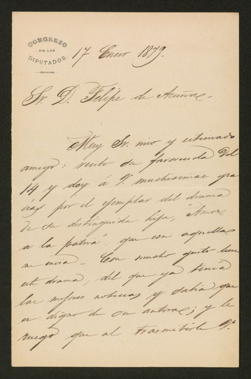 Carta], 1879 Enero 17, Madrid a Felipe de Acua