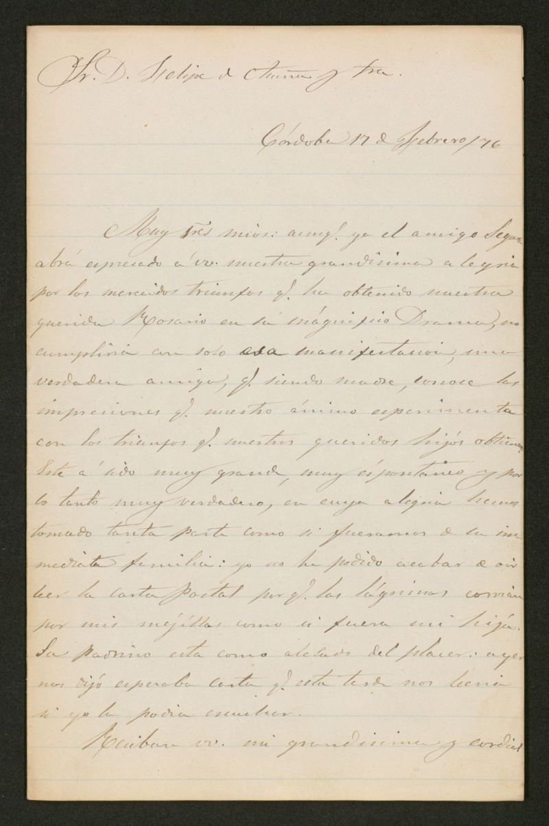 [Carta], 1876 Febrero 17, Crdoba a Felipe de Acua y familia