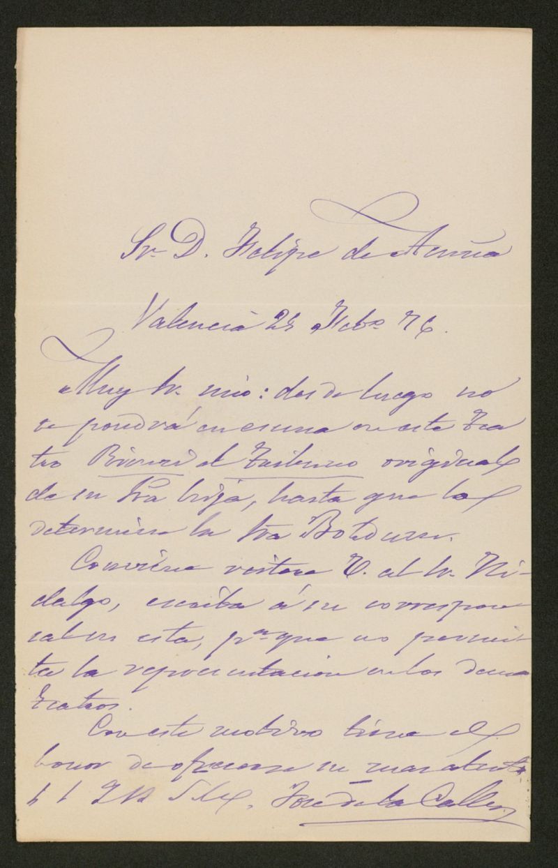 Carta], 1876 Febrero 25, Valencia a Felipe de Acua