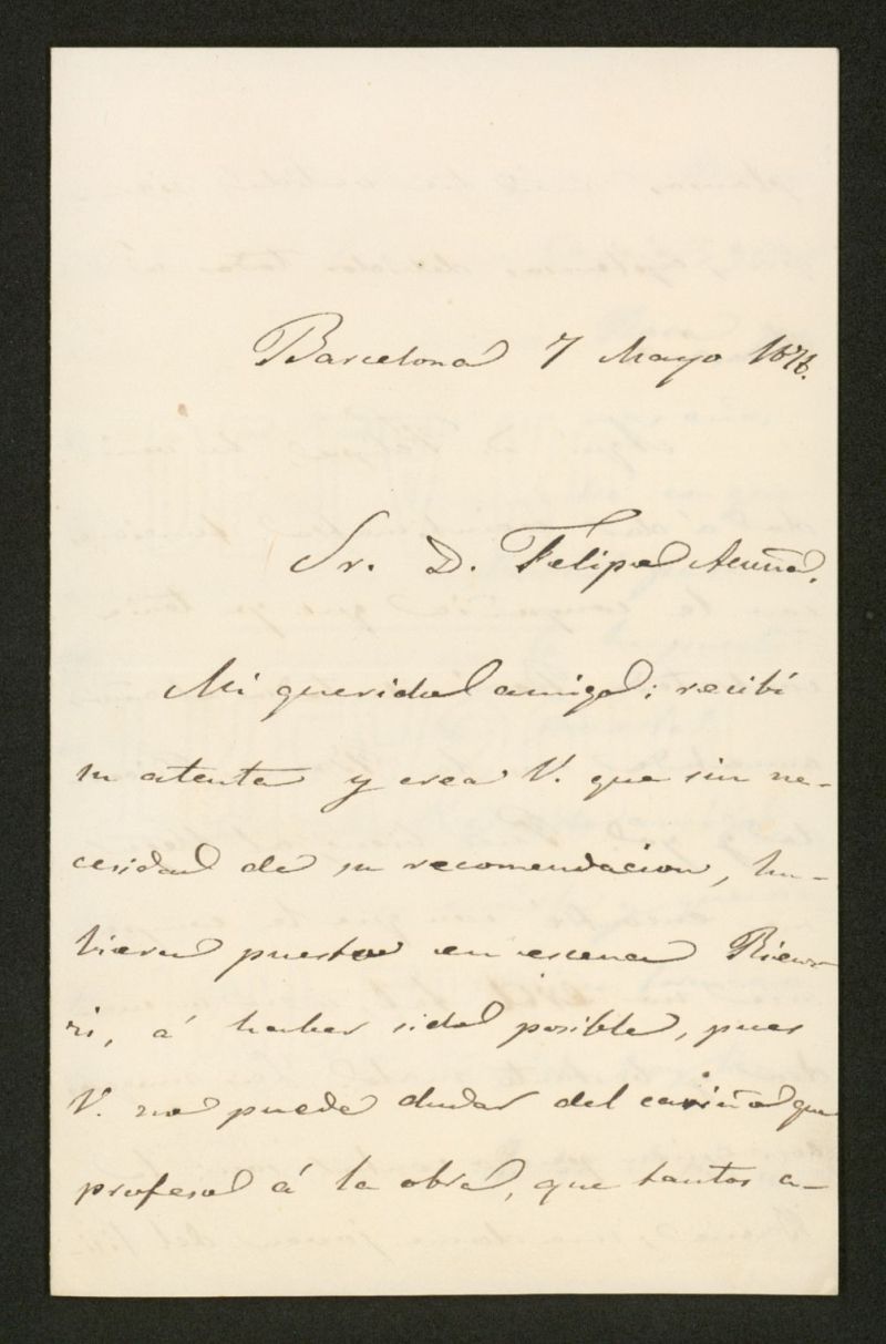 [Carta], 1876 Mayo 7, Barcelona a Felipe de Acua