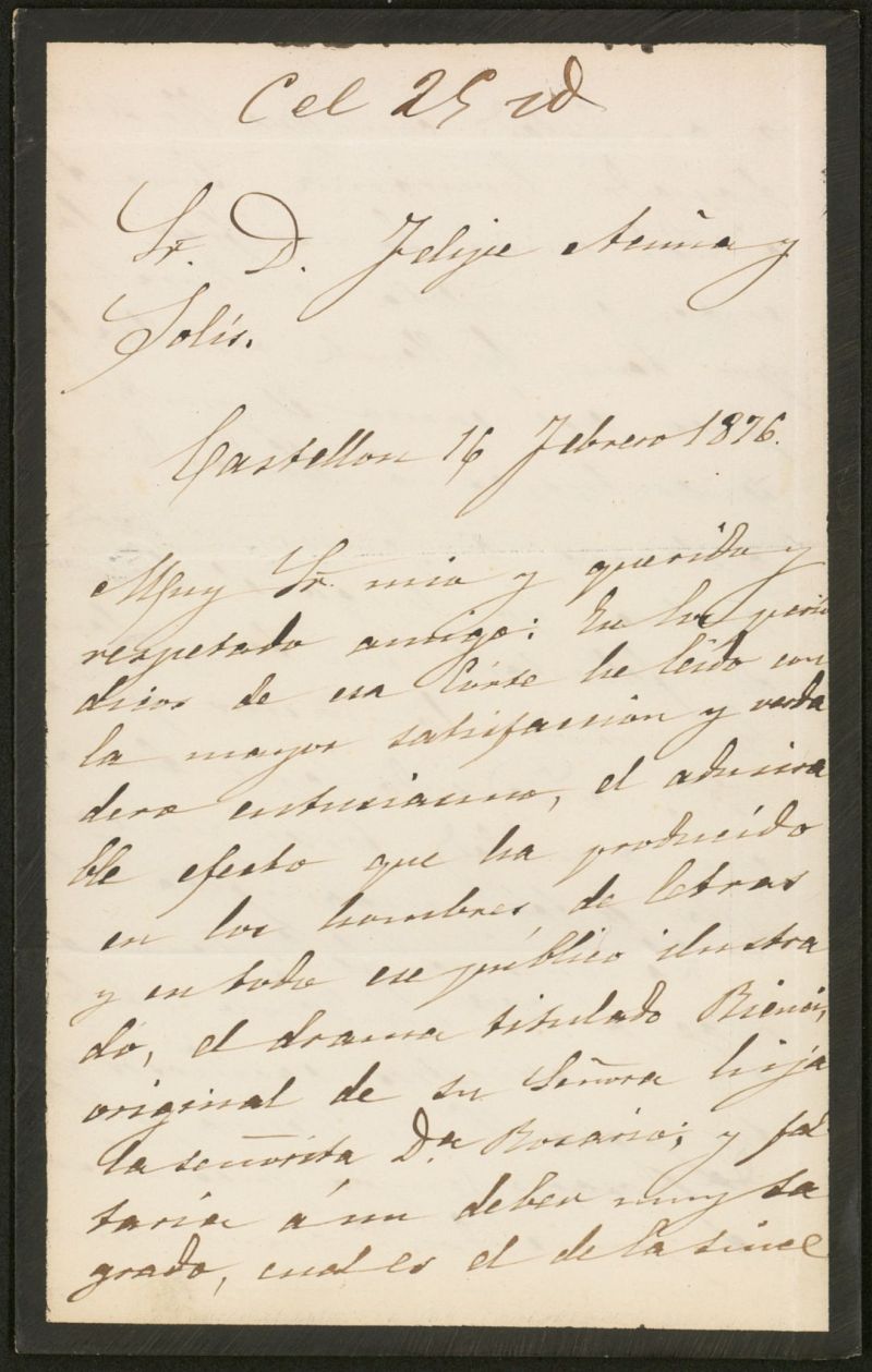 [Carta], 1876 Febrero 16, Castelln a Felipe de Acua [Manuscrito] / Facundo Campa y Grate