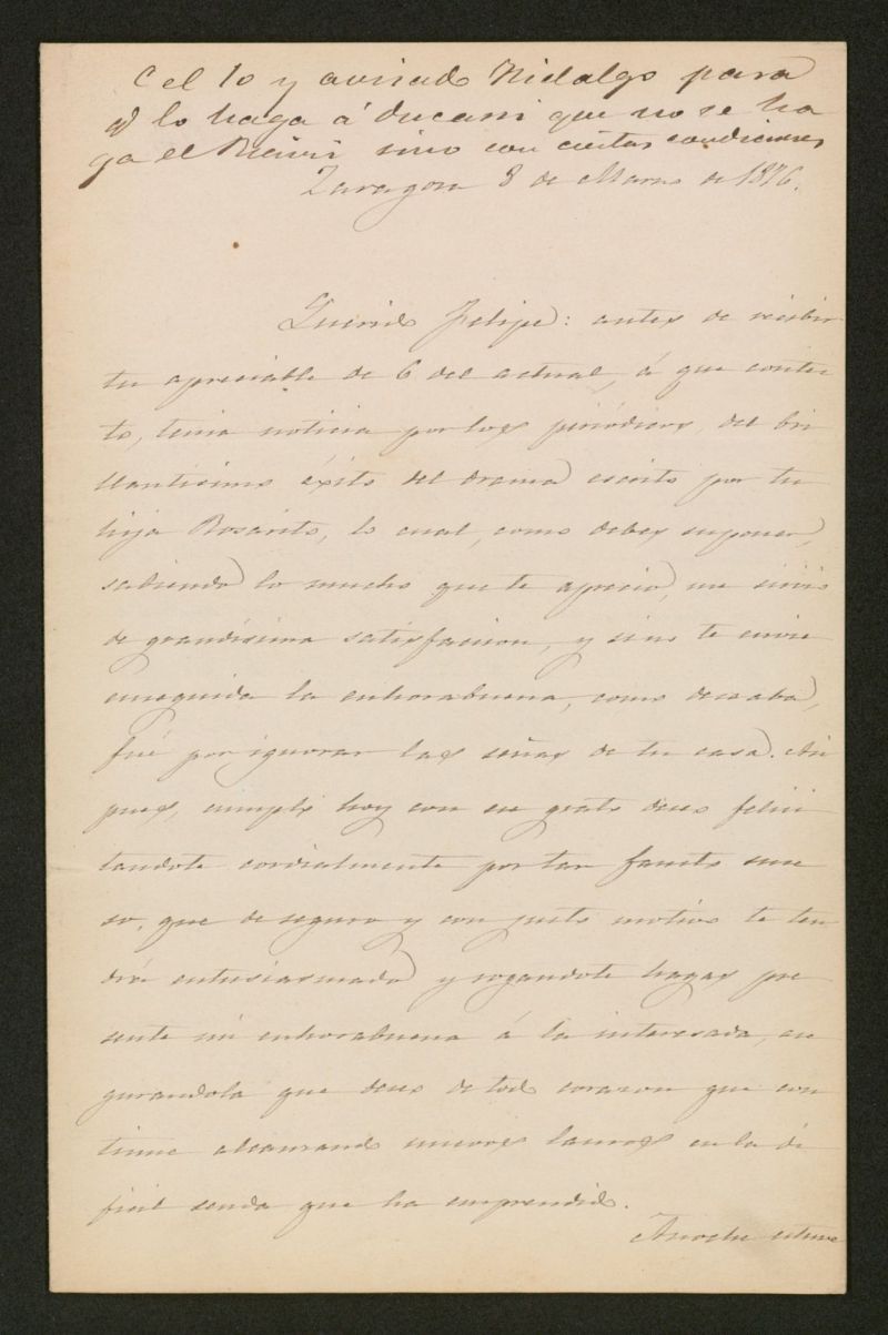 [Carta], 1876 Marzo 8, Zaragoza a Felipe de Acua
