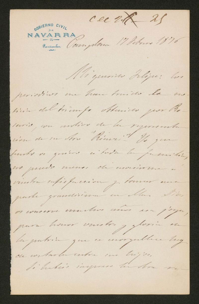 [Carta], 1876 Febrero 17, Pamplona a Felipe de Acua