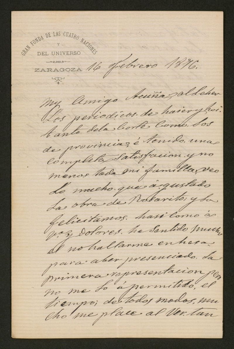 Carta], 1876 Febrero 16, Zaragoza a Felipe de Acua