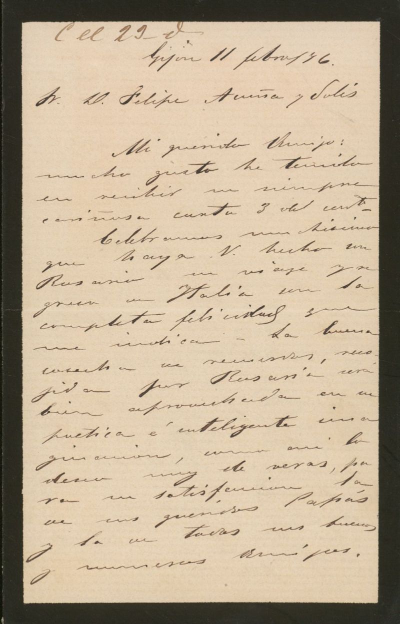 [Carta], 1876 Febrero 11, Gijn a Felipe de Acua