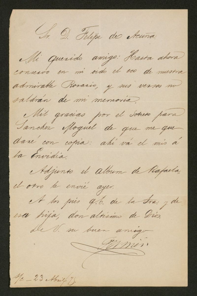 [Carta], 1875 abril 23, [s.l.] a Felipe de Acua