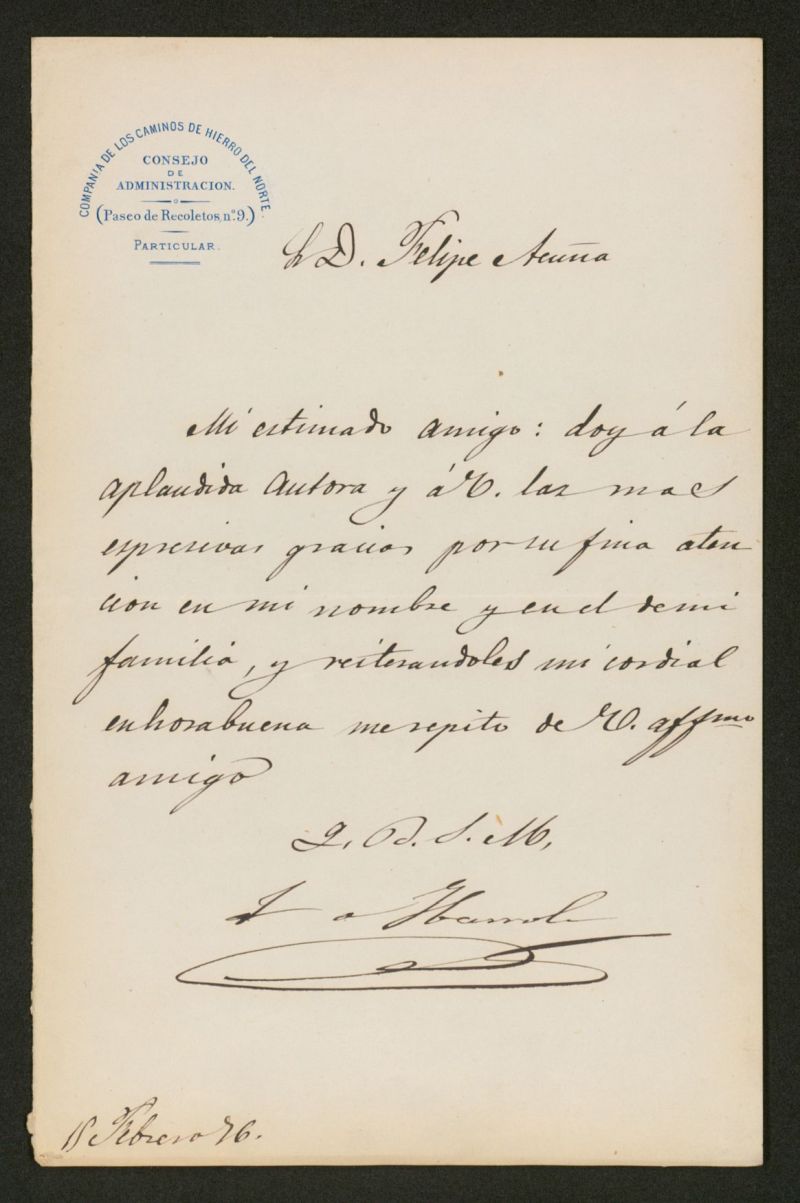 [Carta], 1876 febrero 15, Madrid a Felipe Acua