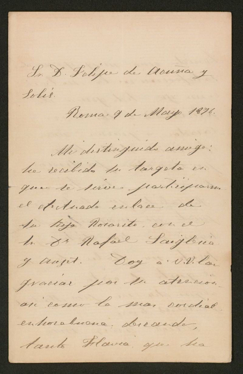 [Carta], 1876 Mayo 9, Roma a Felipe de Acua y Sols