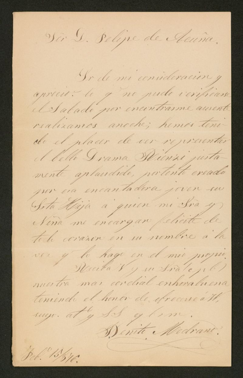 [Carta], 1876 Febrero, 15, Madrid a Felipe de Acua