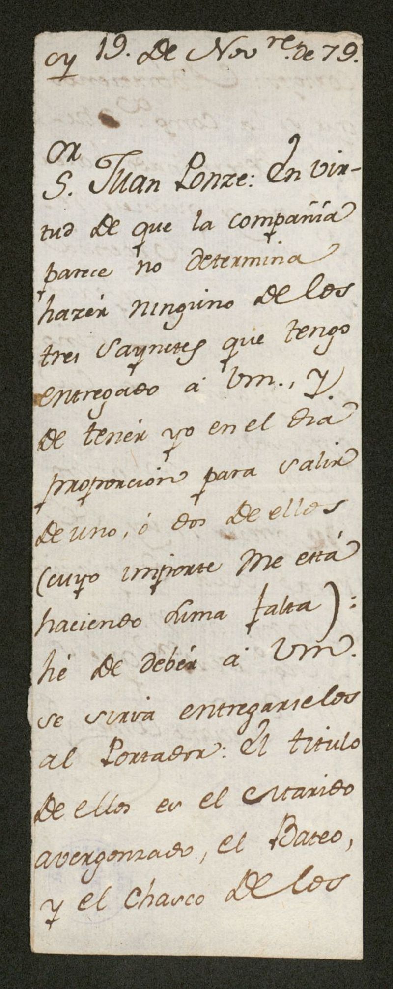 [Carta], 1779 nov. 19, [s.l.] a Juan Ponze