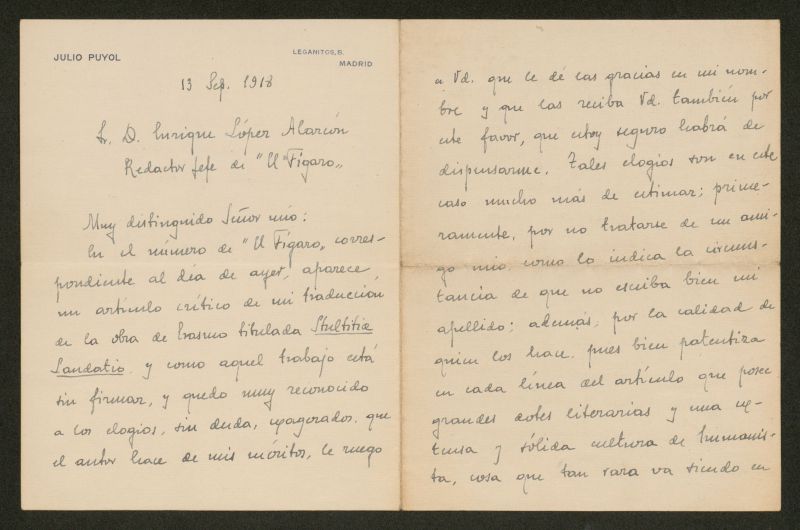 [Carta], 1918 sep. 13, Madrid, a Enrique Lpez Alarcn, redactor jefe de "El Fgaro"