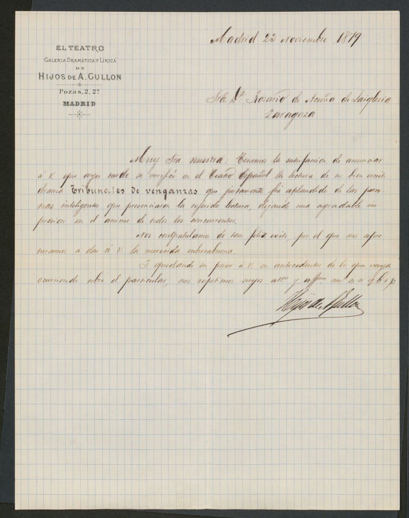 [Carta], 1879 Noviembre 23, Madrid, a Rosario de Acua de Laiglesia