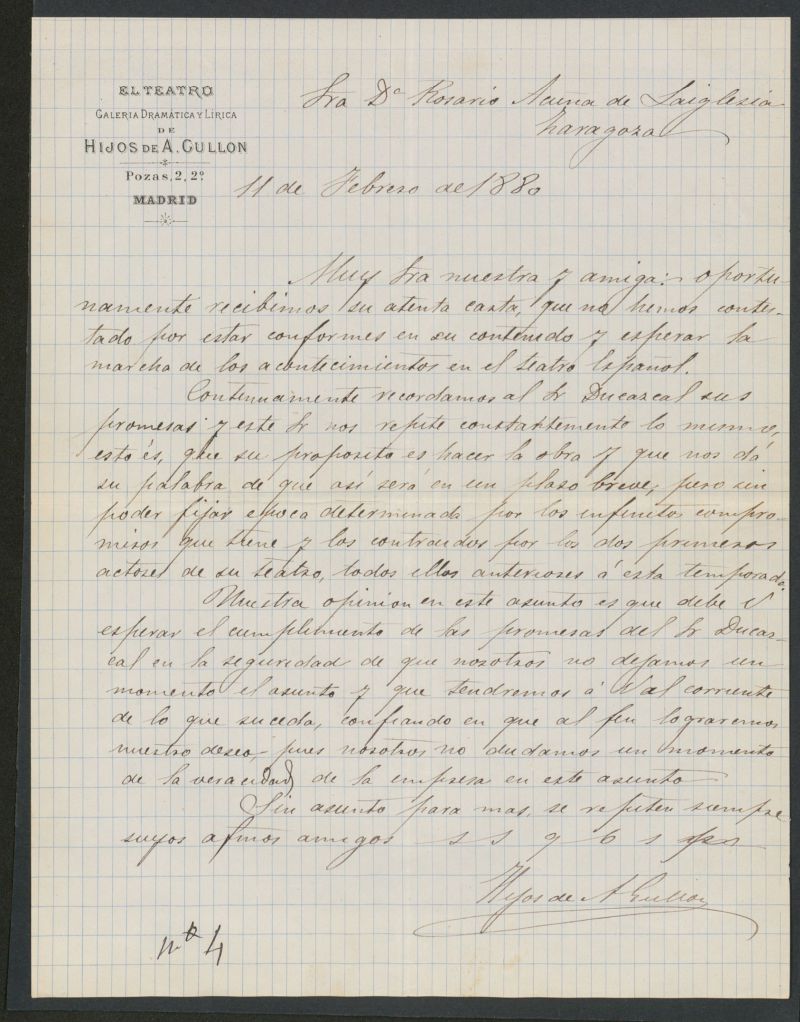 [Carta], 1880 [i.e. 1881] Febrero 11, Madrid, a Rosario de Acua de Laiglesia