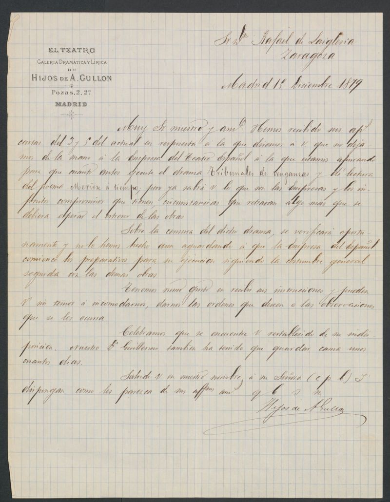 [Carta], 1879 Diciembre 15 Madrid, a Rafael de Laiglesia