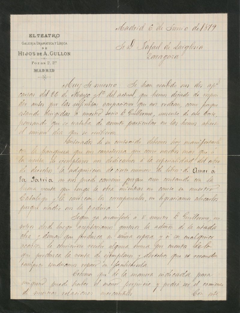 [Carta], 1879 Junio 6 Madrid, a Rafael de Laiglesia