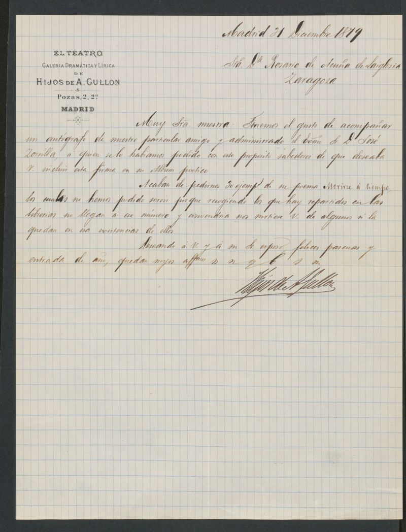 [Carta], 1879, Diciembre 31, Madrid, a Rosario de Acua de Laiglesia