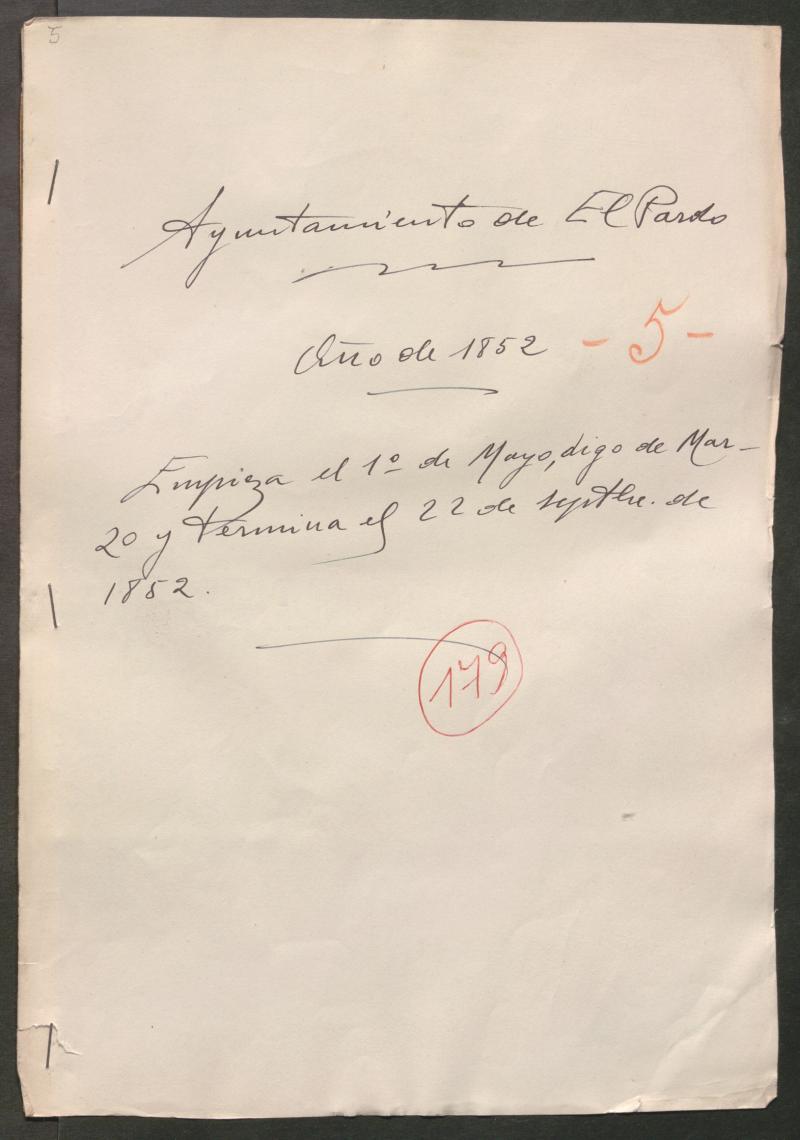 Actas y acuerdos del ayuntamiento de El Pardo de 1852. Libro 179.