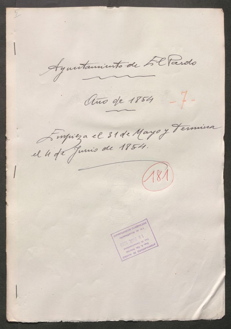 Actas y acuerdos del ayuntamiento de El Pardo de 1854. Libro 181.