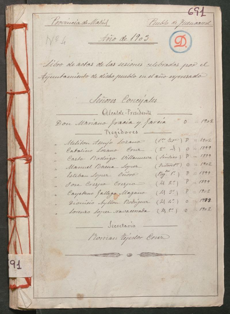 Actas y acuerdos del ayuntamiento de Fuencarral de 1903. Libro 691.