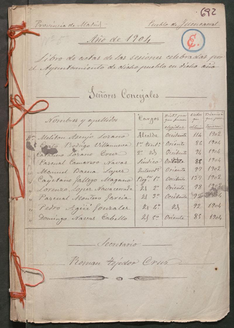 Actas y acuerdos del ayuntamiento de Fuencarral de 1904. Libro 692.
