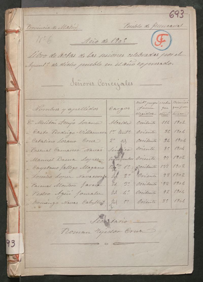 Actas y acuerdos del ayuntamiento de Fuencarral de 1905. Libro 693.