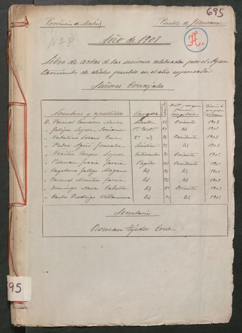 Actas y acuerdos del ayuntamiento de Fuencarral de 1907. Libro 695.