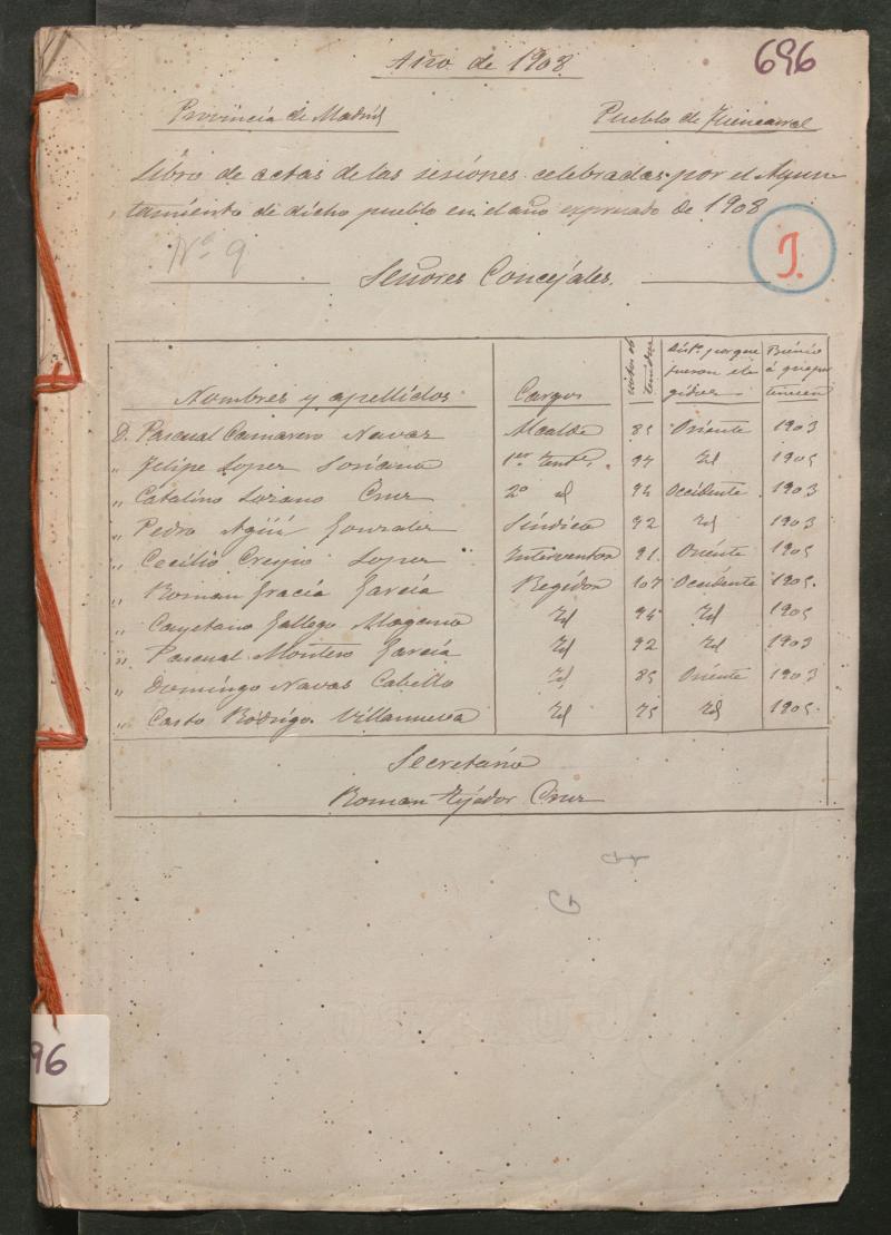 Actas y acuerdos del ayuntamiento de Fuencarral de 1908. Libro 696.