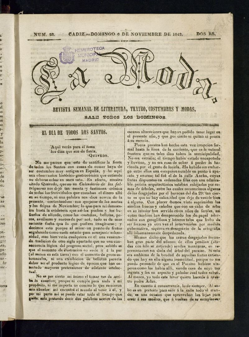 La Moda : revista semanal de literatura, teatros, costumbres y modas del 6 de noviembre de 1842