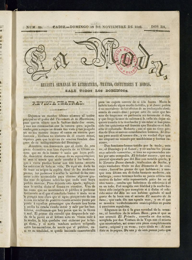 La Moda : revista semanal de literatura, teatros, costumbres y modas del 13 de noviembre de 1842