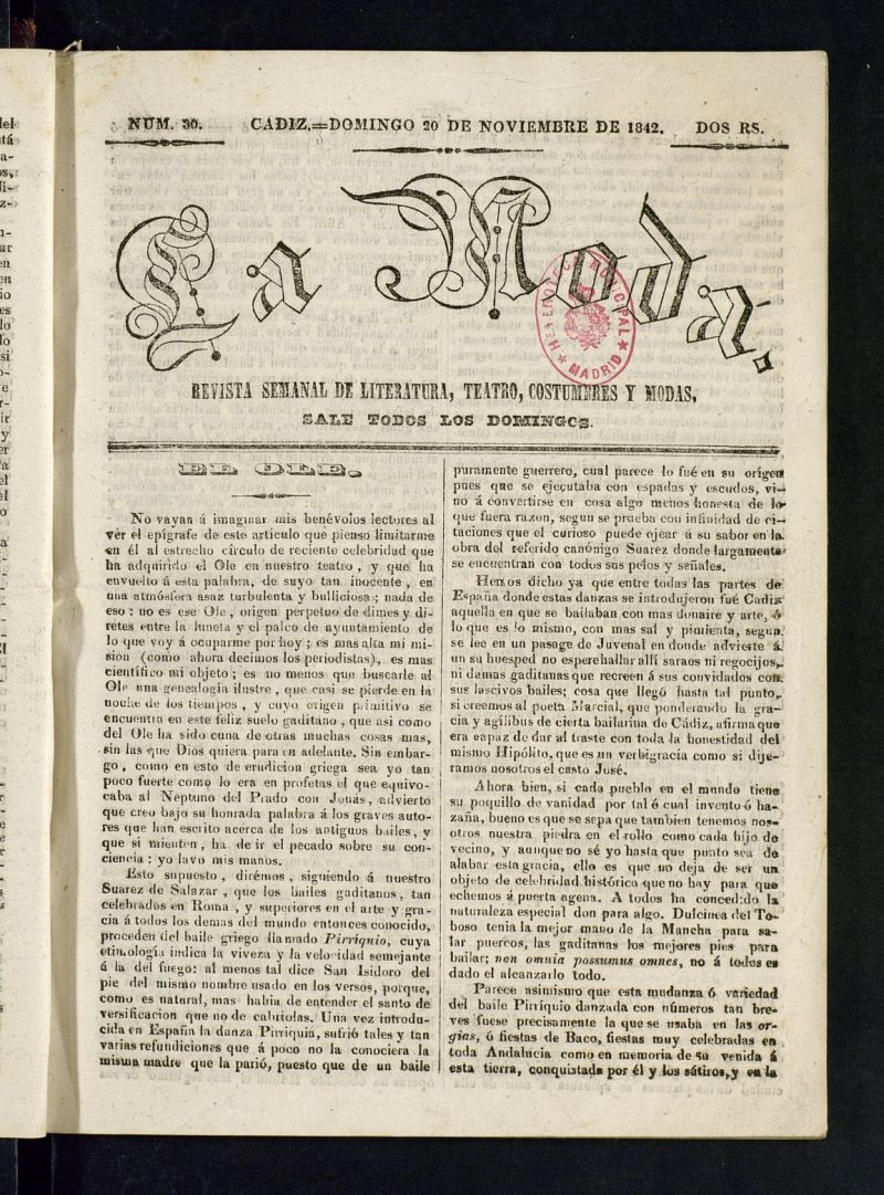 La Moda : revista semanal de literatura, teatros, costumbres y modas del 20 de noviembre de 1842