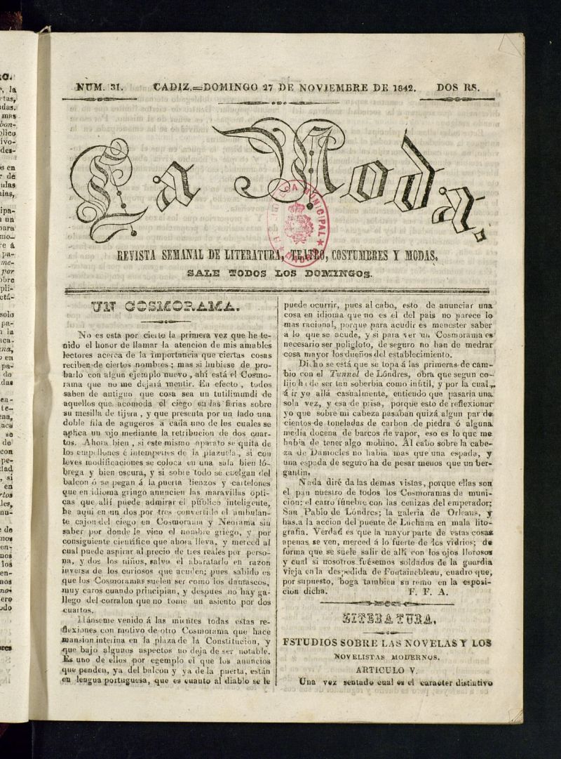 La Moda : revista semanal de literatura, teatros, costumbres y modas del 27 de noviembre de 1842