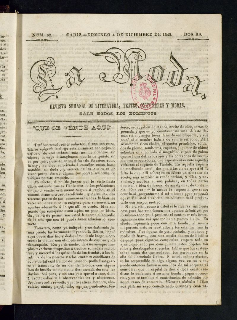 La Moda : revista semanal de literatura, teatros, costumbres y modas del 4 de diciembre de 1842