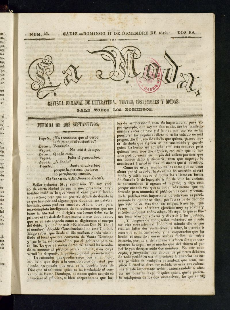 La Moda : revista semanal de literatura, teatros, costumbres y modas del 11 de diciembre de 1842