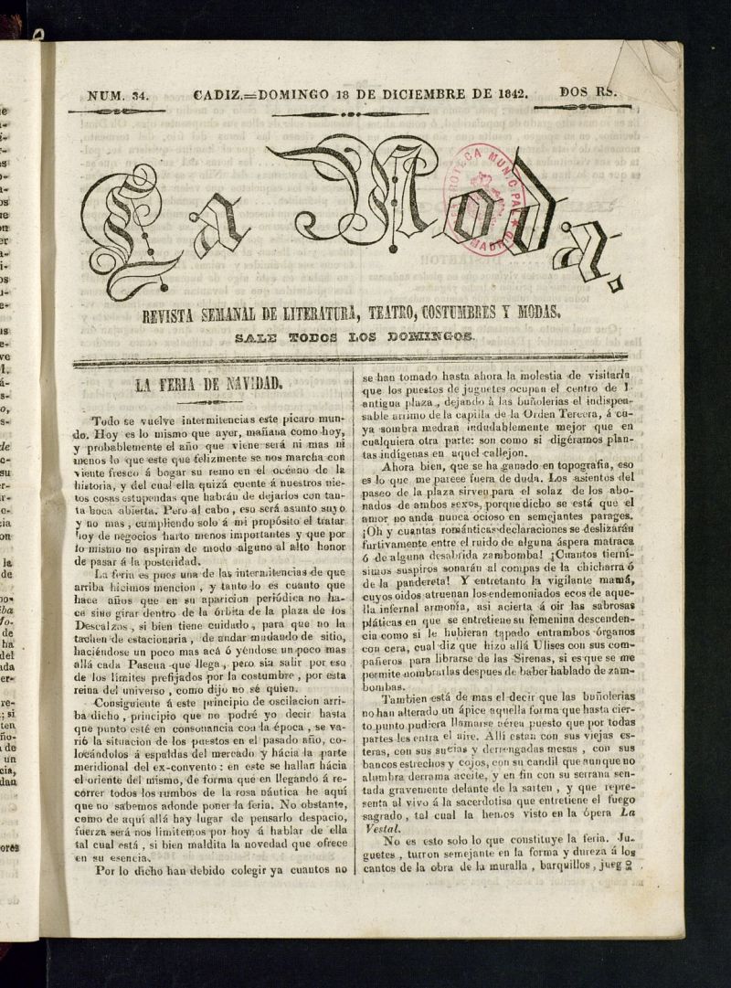 La Moda : revista semanal de literatura, teatros, costumbres y modas del 18 de diciembre de 1842