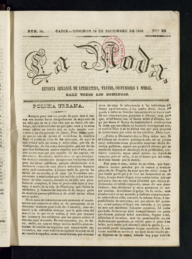 La Moda : revista semanal de literatura, teatros, costumbres y modas del 25 de diciembre de 1842