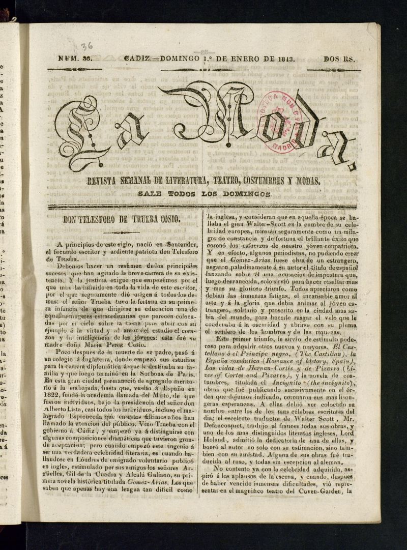 La Moda : revista semanal de literatura, teatros, costumbres y modas del 1 de enero de 1843