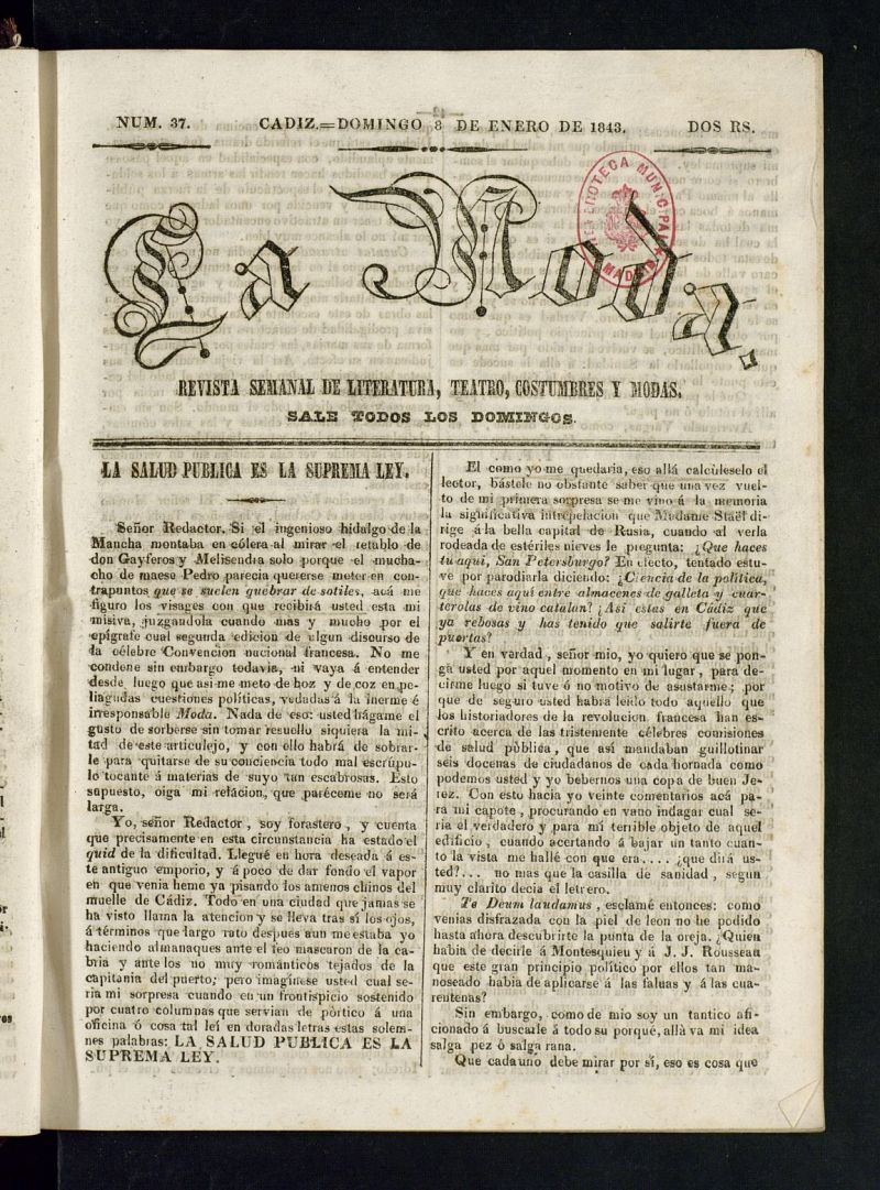 La Moda : revista semanal de literatura, teatros, costumbres y modas del 8 de enero de 1843