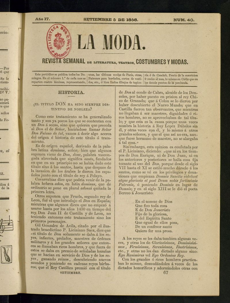 La Moda: revista semanal de literatura, teatros, costumbres y modas del 5 de septiembre de 1858