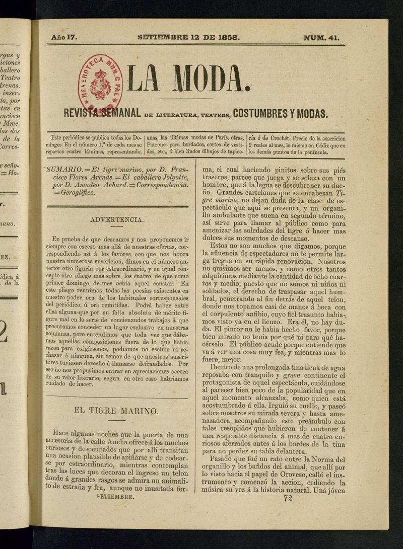 La Moda: revista semanal de literatura, teatros, costumbres y modas del 12 de septiembre de 1858