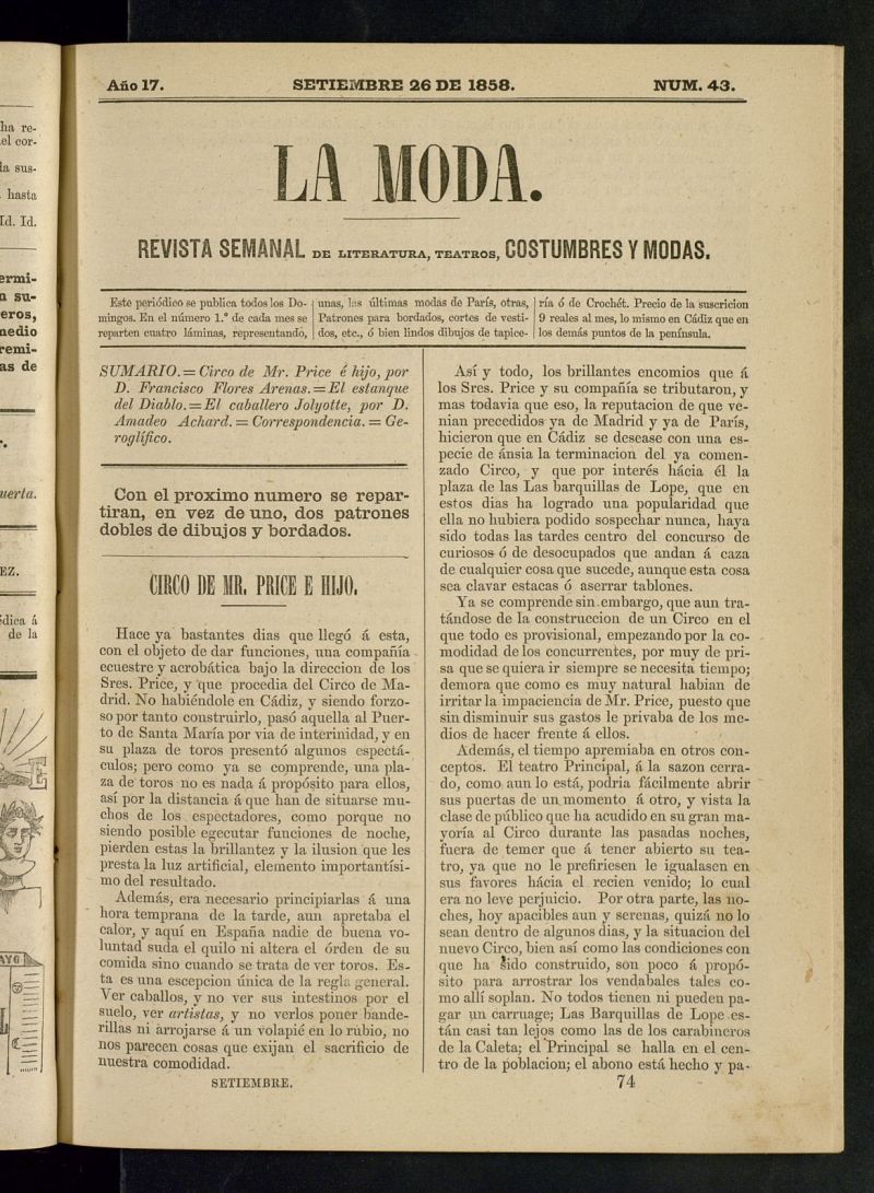 La Moda: revista semanal de literatura, teatros, costumbres y modas del 26 de septiembre de 1858
