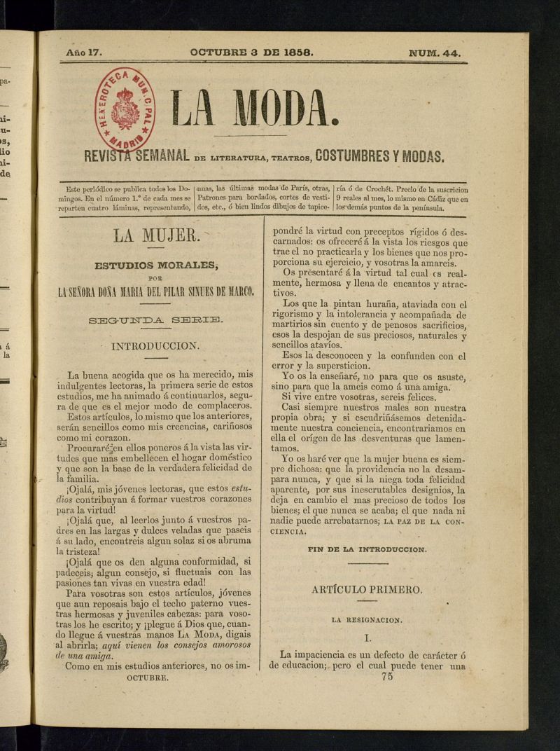 La Moda: revista semanal de literatura, teatros, costumbres y modas del 3 de octubre de 1858